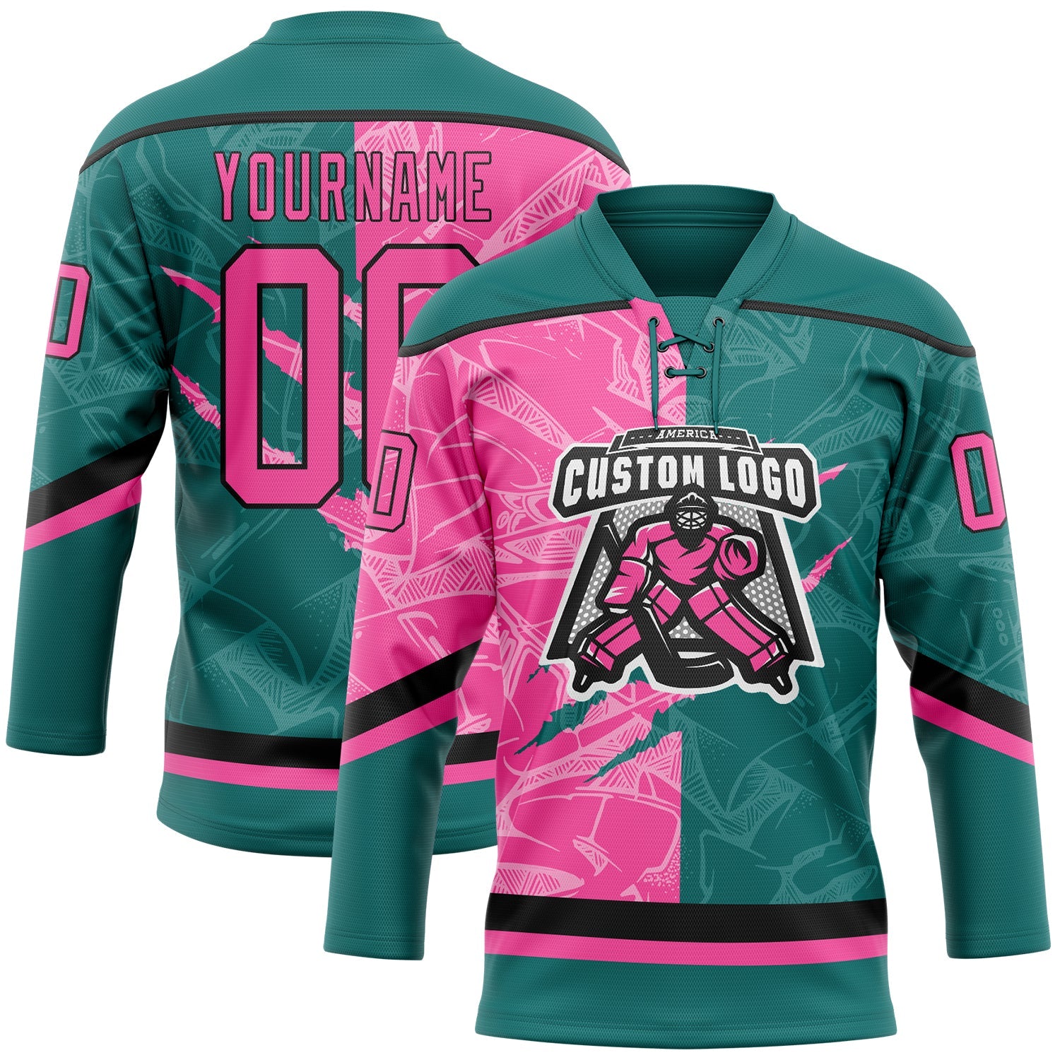 Custom Teal Pink-Black 3D Pattern Gradient Fashion Scratch Hockey Lace Neck Jersey view 2