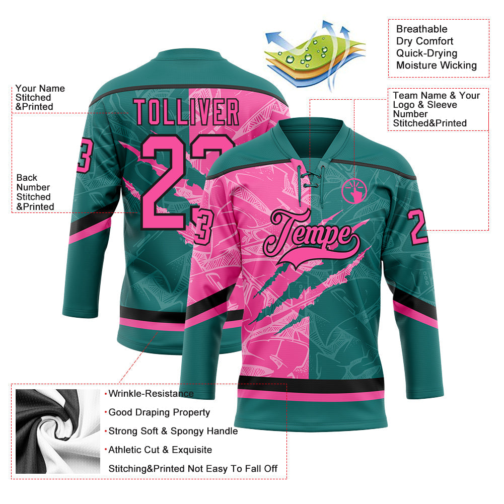 Custom Teal Pink-Black 3D Pattern Gradient Fashion Scratch Hockey Lace Neck Jersey view 3