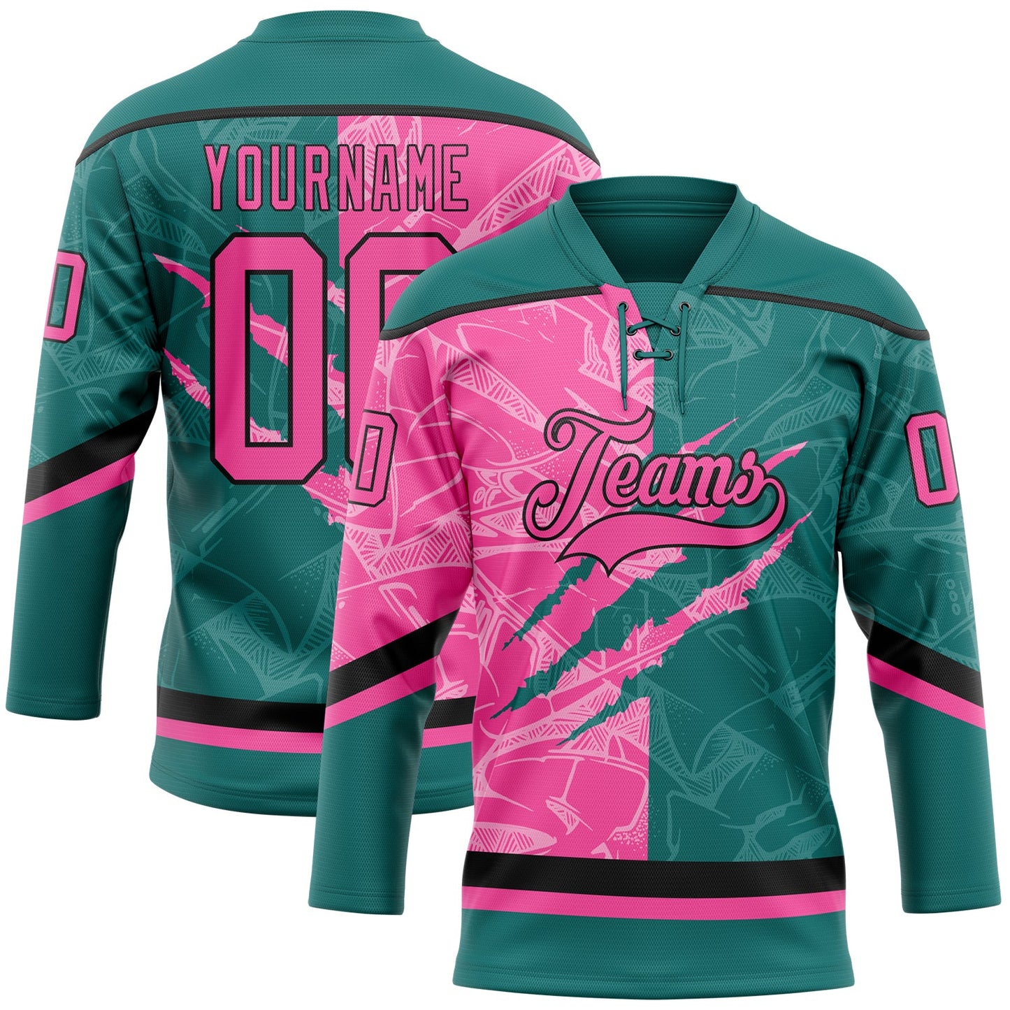 Custom Teal Pink-Black 3D Pattern Gradient Fashion Scratch Hockey Lace Neck Jersey - Main View