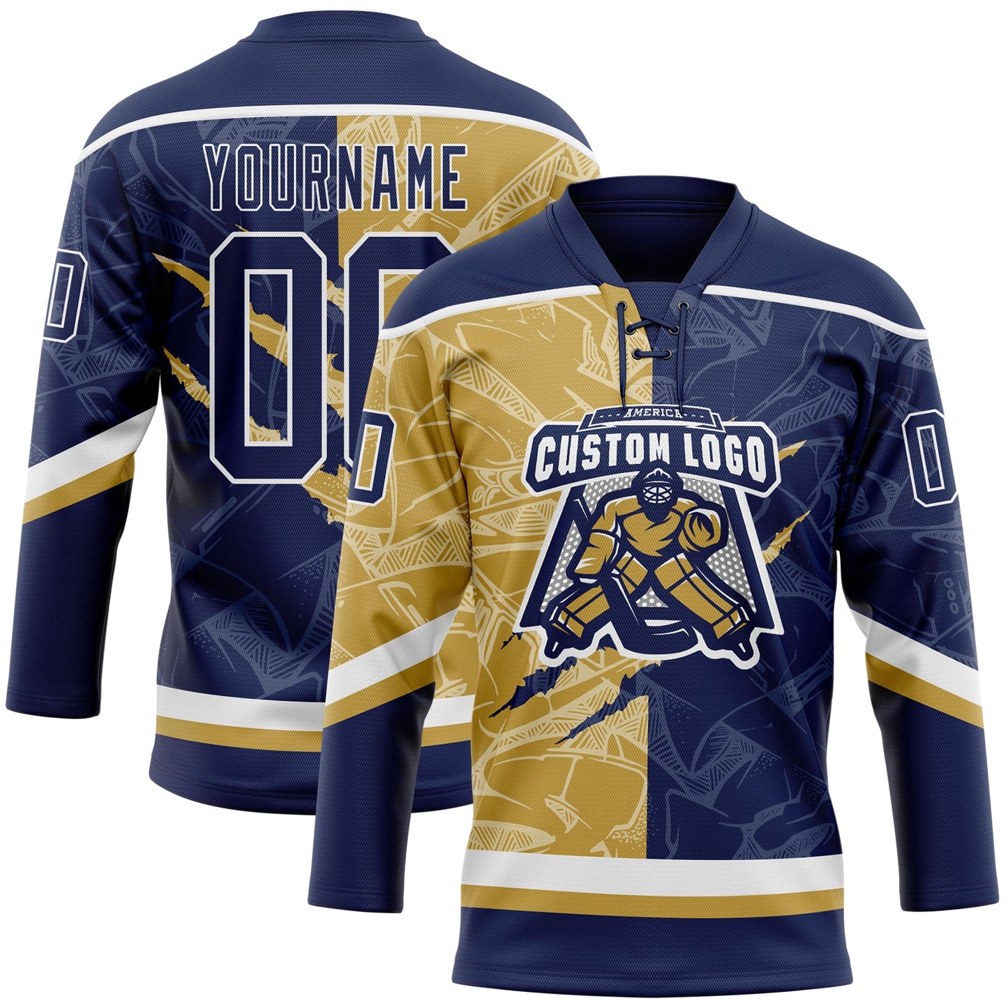 Custom Navy Old Gold-White 3D Pattern Gradient Fashion Scratch Hockey Lace Neck Jersey view 2
