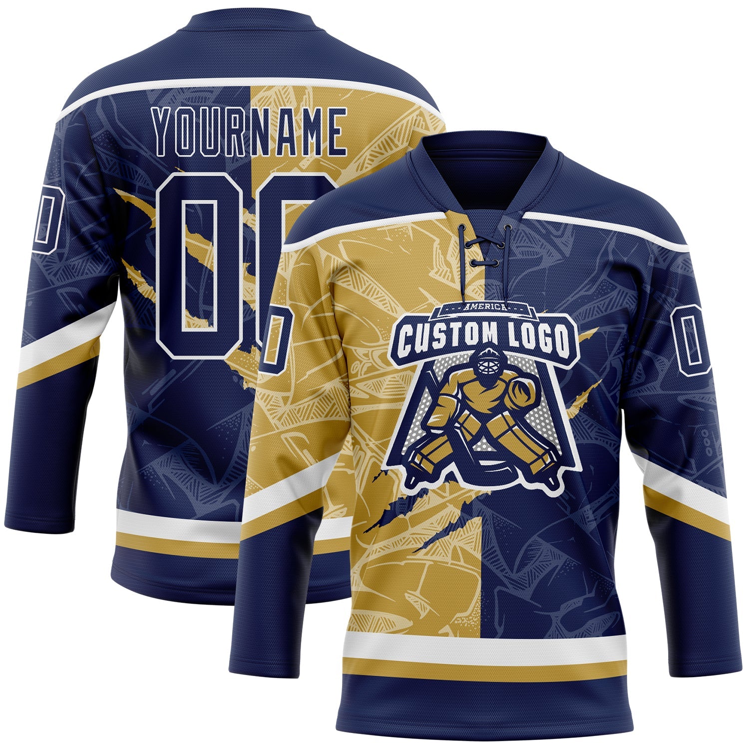 Custom Navy Old Gold-White 3D Pattern Gradient Fashion Scratch Hockey Lace Neck Jersey view 2