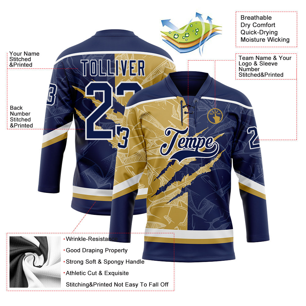 Custom Navy Old Gold-White 3D Pattern Gradient Fashion Scratch Hockey Lace Neck Jersey view 3