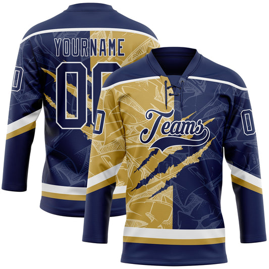 Custom Navy Old Gold-White 3D Pattern Gradient Fashion Scratch Hockey Lace Neck Jersey - Main View