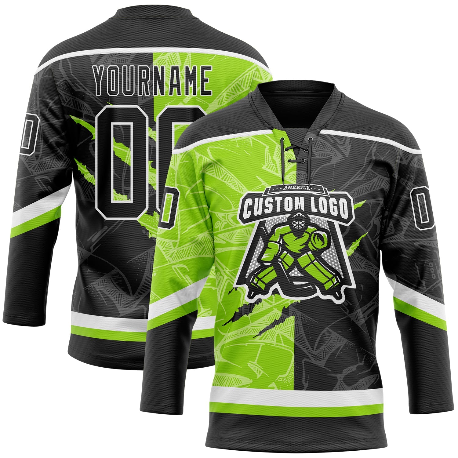 Custom Black Neon Green-White 3D Pattern Gradient Fashion Scratch Hockey Lace Neck Jersey view 2
