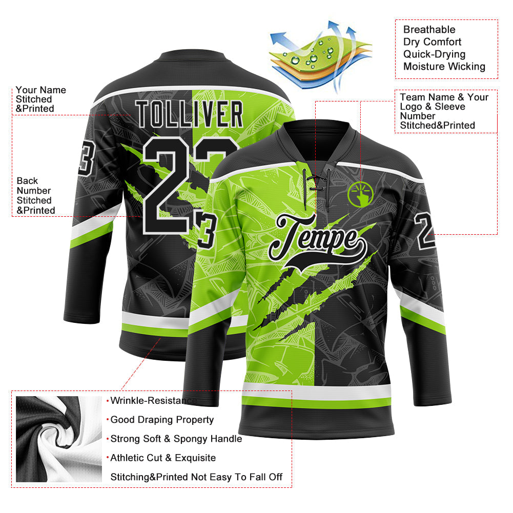 Custom Black Neon Green-White 3D Pattern Gradient Fashion Scratch Hockey Lace Neck Jersey view 3