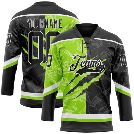 Custom Black Neon Green-White 3D Pattern Gradient Fashion Scratch Hockey Lace Neck Jersey - Main View