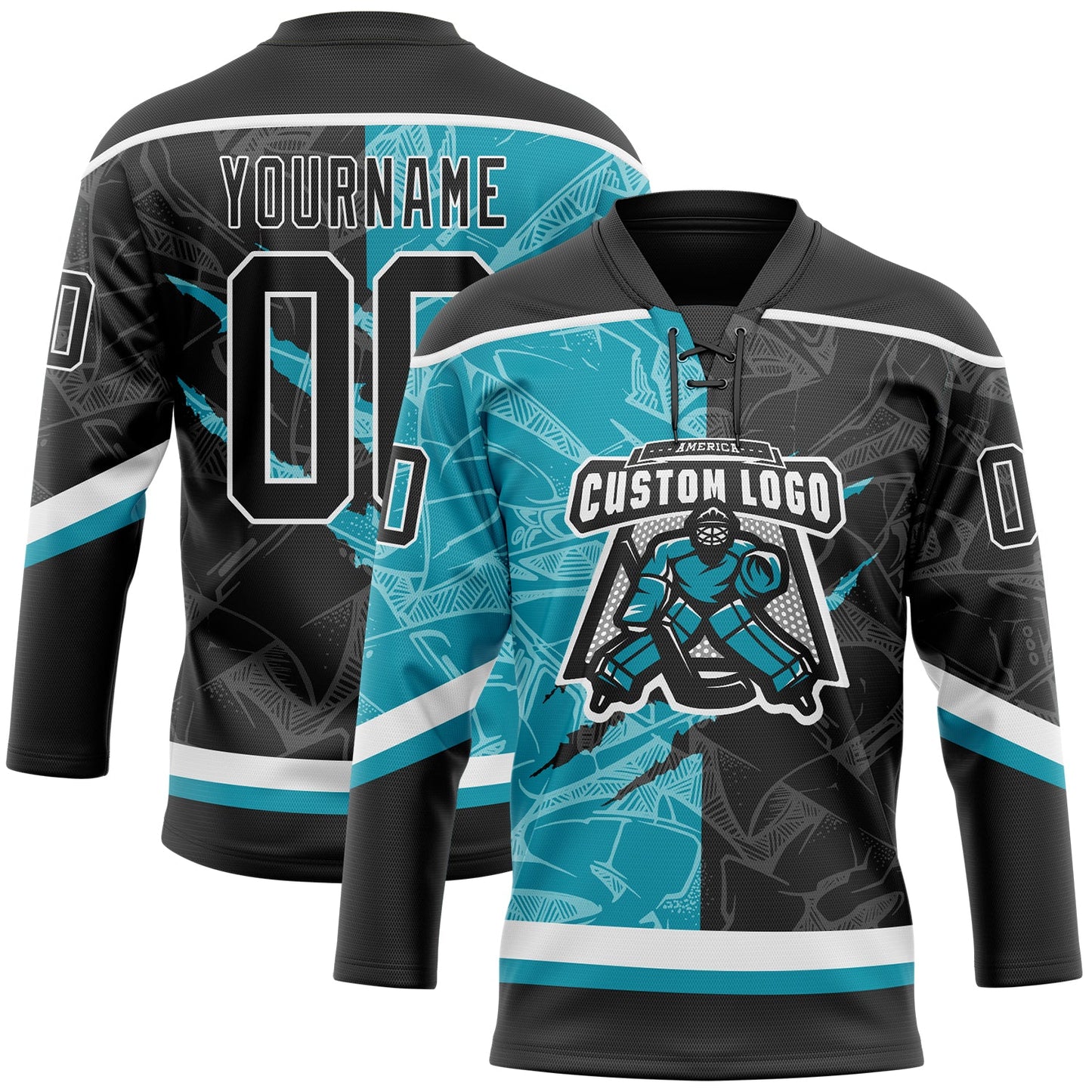 Custom Black Teal-White 3D Pattern Gradient Fashion Scratch Hockey Lace Neck Jersey view 2