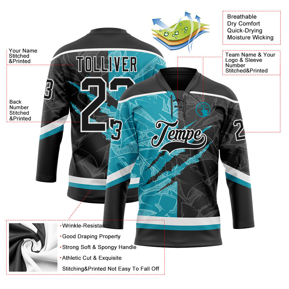 Custom Black Teal-White 3D Pattern Gradient Fashion Scratch Hockey Lace Neck Jersey view 3