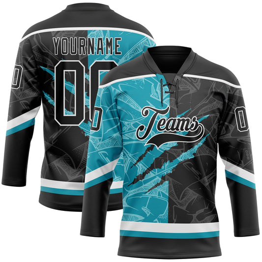 Custom Black Teal-White 3D Pattern Gradient Fashion Scratch Hockey Lace Neck Jersey - Main View