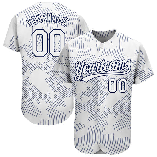 Custom White White-Navy 3D Pattern Design Authentic Baseball Jersey - Main View