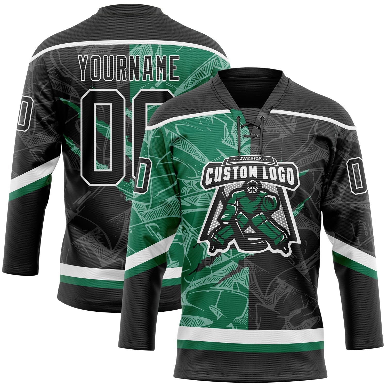 Custom Black Kelly Green-White 3D Pattern Gradient Fashion Scratch Hockey Lace Neck Jersey view 2