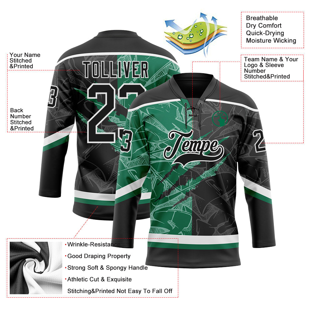 Custom Black Kelly Green-White 3D Pattern Gradient Fashion Scratch Hockey Lace Neck Jersey view 3