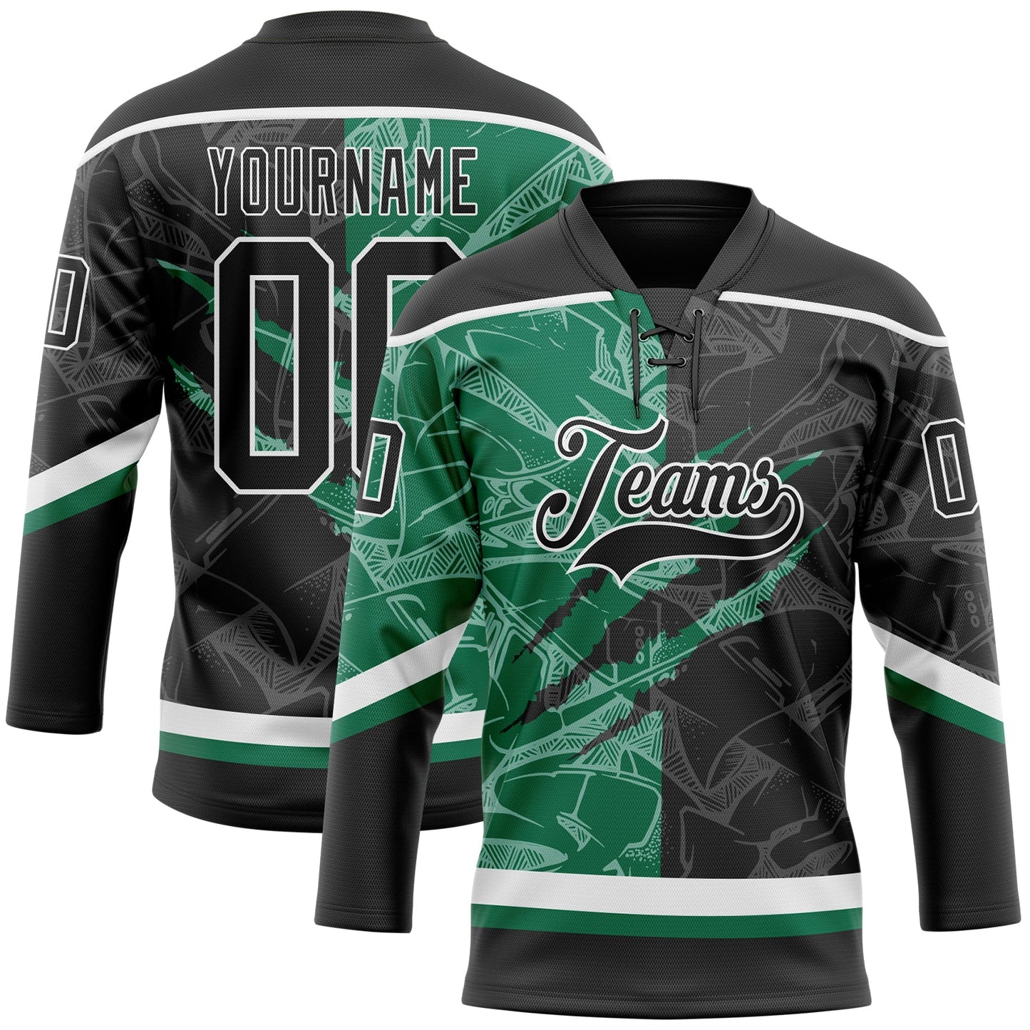 Custom Black Kelly Green-White 3D Pattern Gradient Fashion Scratch Hockey Lace Neck Jersey - Main View