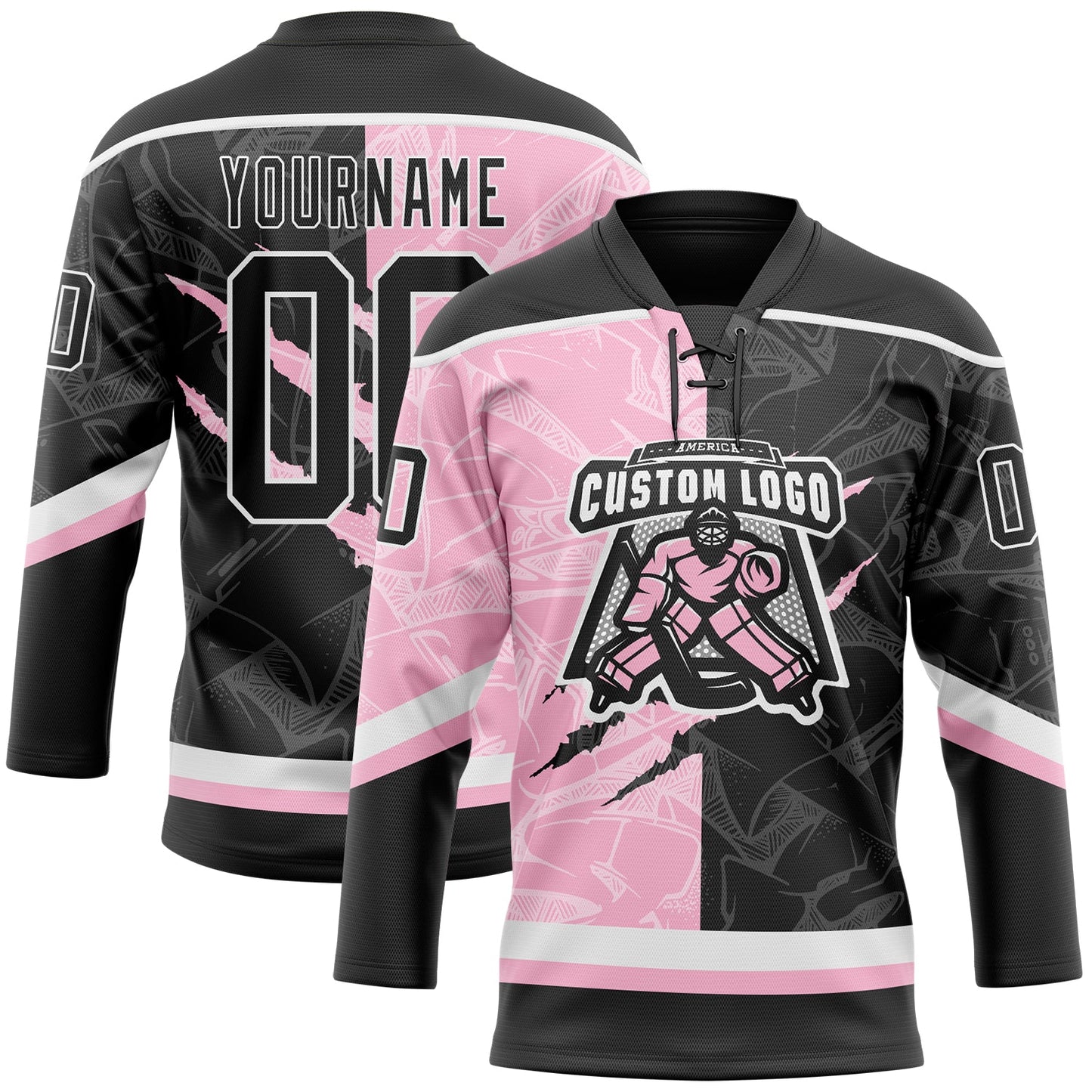 Custom Black Light Pink-White 3D Pattern Gradient Fashion Scratch Hockey Lace Neck Jersey view 2