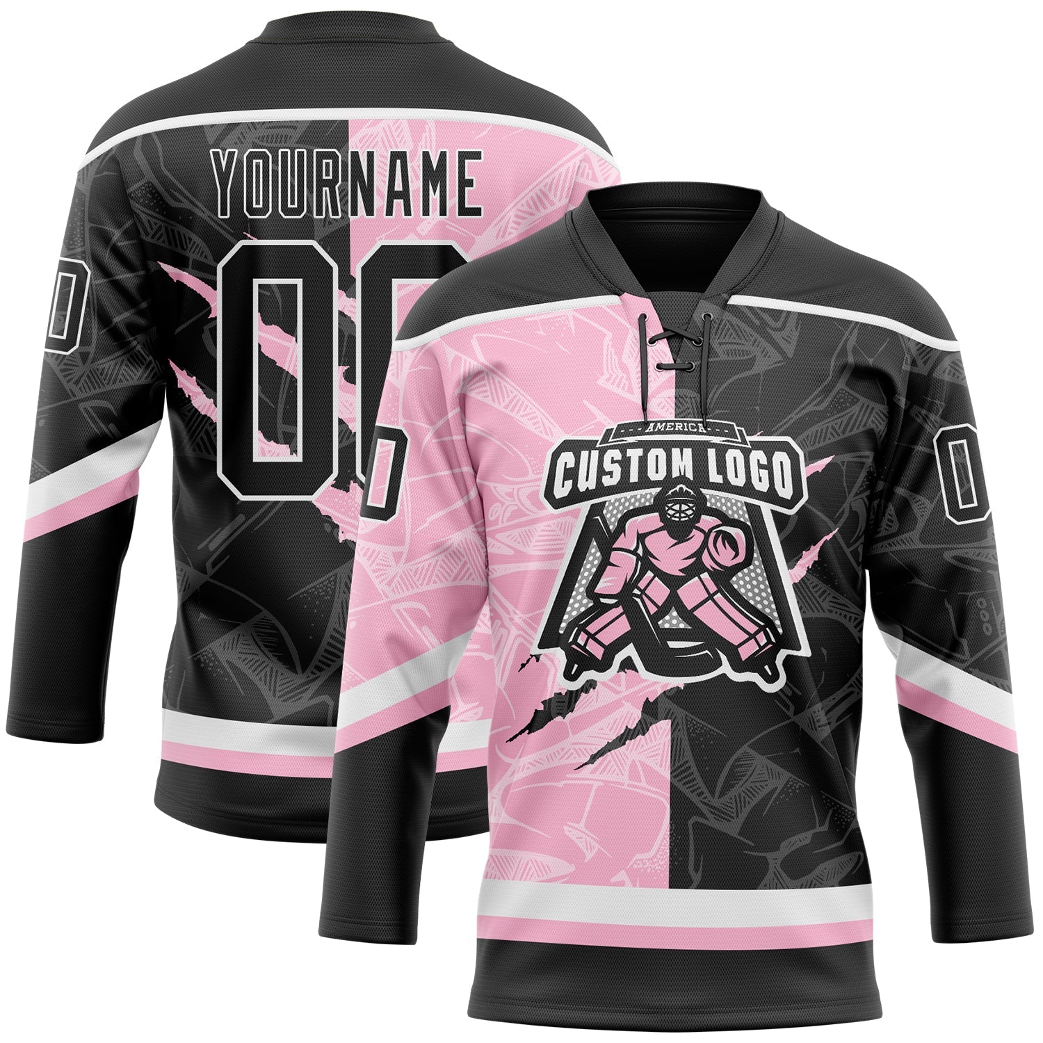 Custom Black Light Pink-White 3D Pattern Gradient Fashion Scratch Hockey Lace Neck Jersey view 2