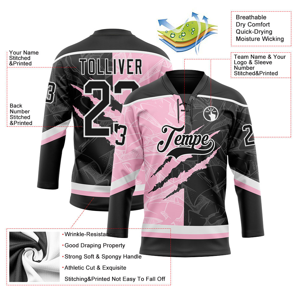 Custom Black Light Pink-White 3D Pattern Gradient Fashion Scratch Hockey Lace Neck Jersey view 3