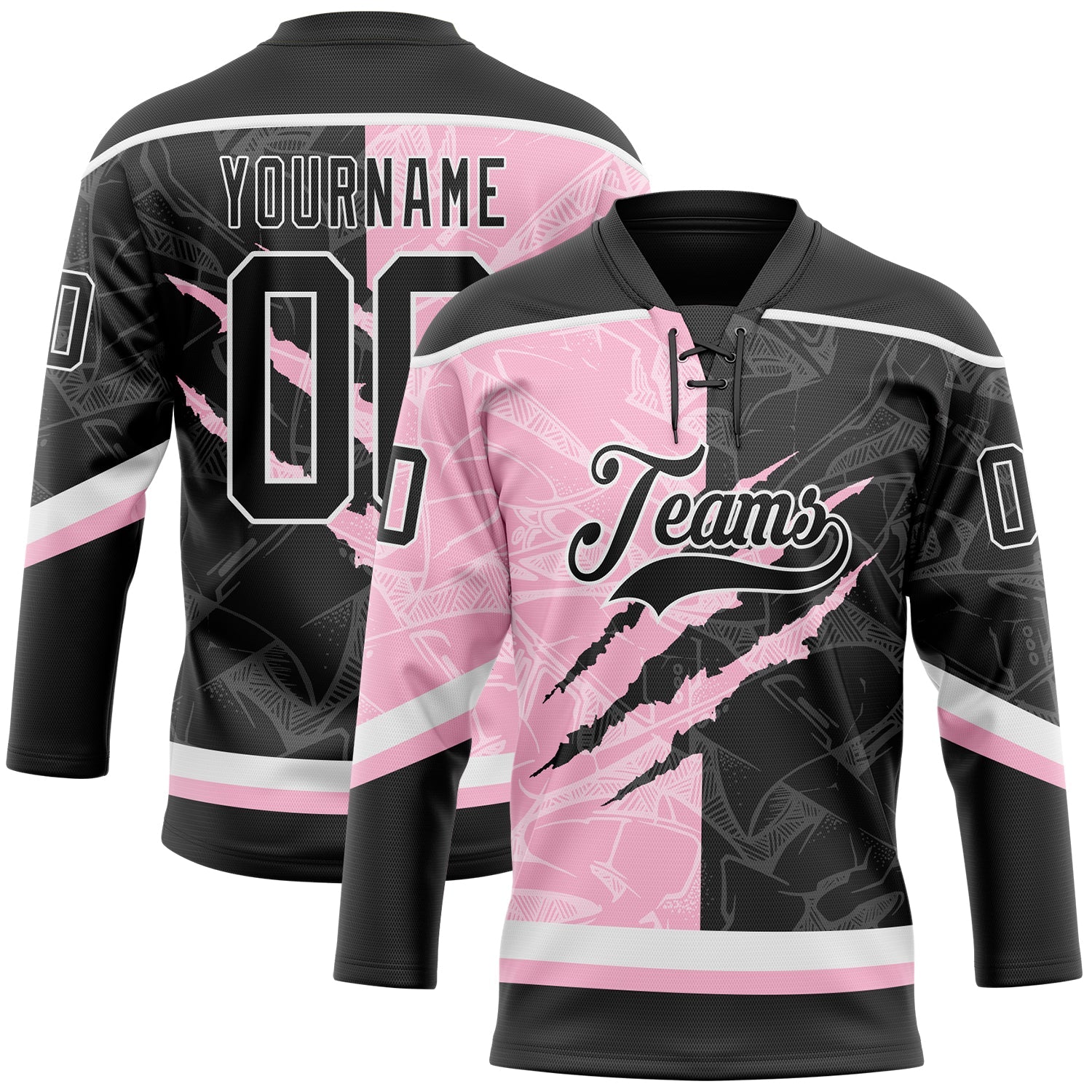 Custom Black Light Pink-White 3D Pattern Gradient Fashion Scratch Hockey Lace Neck Jersey - Main View
