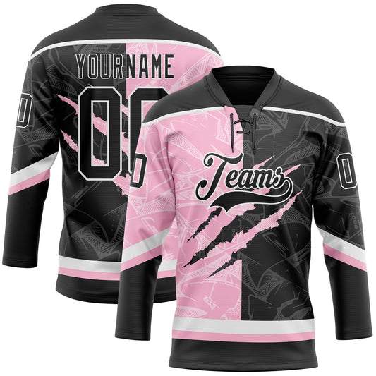 Custom Black Light Pink-White 3D Pattern Gradient Fashion Scratch Hockey Lace Neck Jersey - Main View
