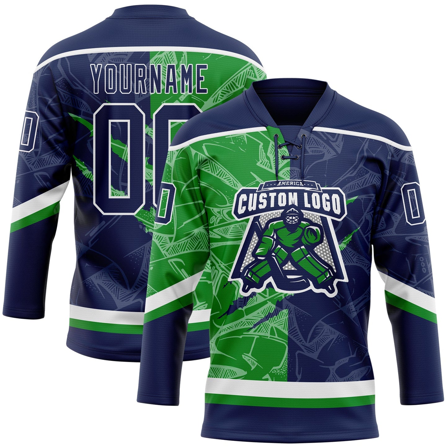 Custom Navy Grass Green-White 3D Pattern Gradient Fashion Scratch Hockey Lace Neck Jersey view 2