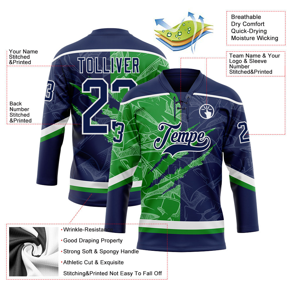 Custom Navy Grass Green-White 3D Pattern Gradient Fashion Scratch Hockey Lace Neck Jersey view 3