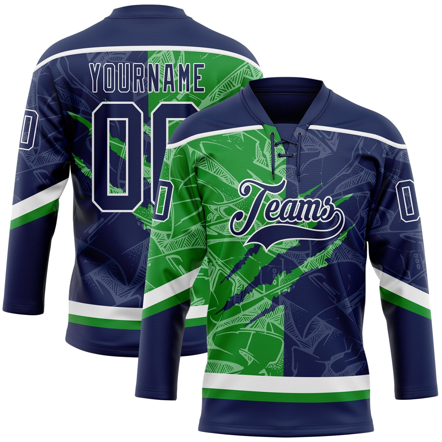 Custom Navy Grass Green-White 3D Pattern Gradient Fashion Scratch Hockey Lace Neck Jersey - Main View
