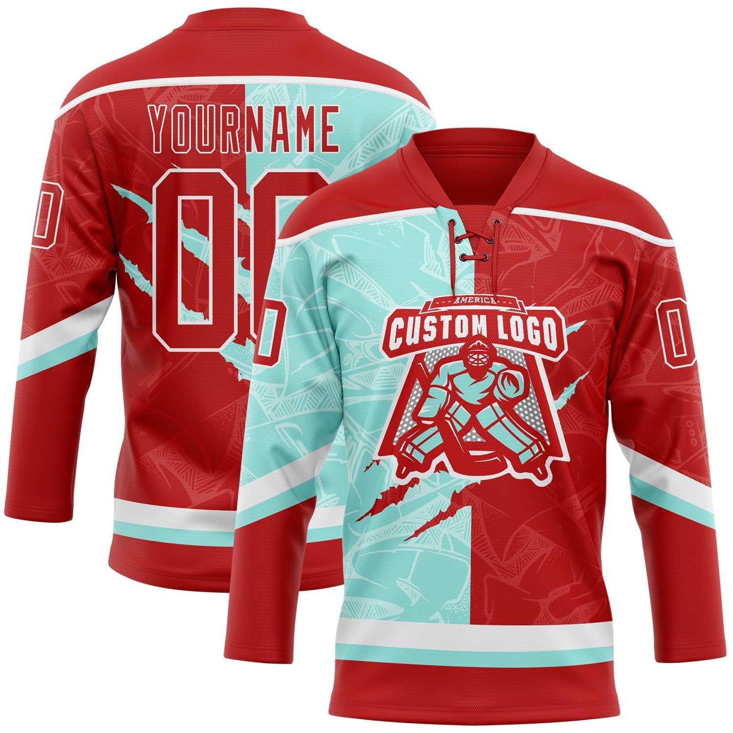 Custom Red Ice Blue-White 3D Pattern Gradient Fashion Scratch Hockey Lace Neck Jersey view 2