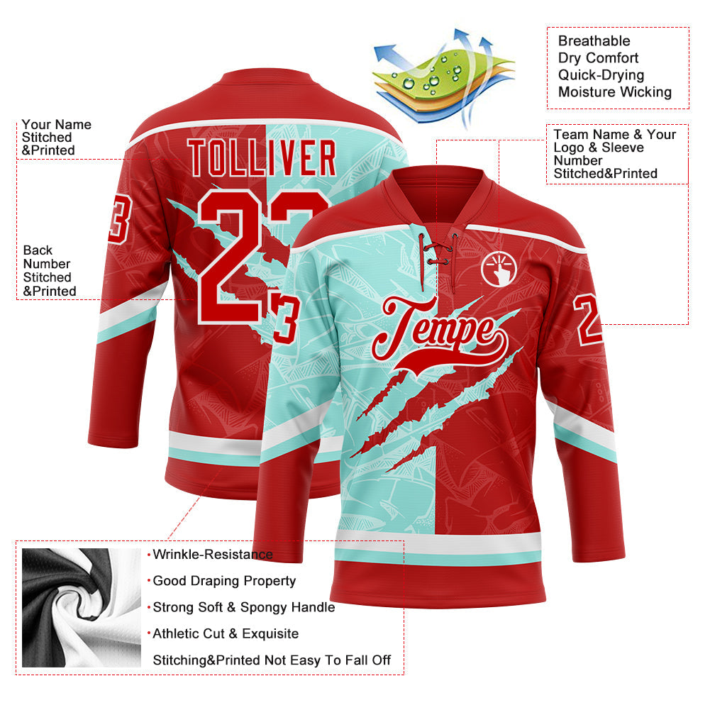 Custom Red Ice Blue-White 3D Pattern Gradient Fashion Scratch Hockey Lace Neck Jersey view 3