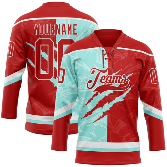 Custom Red Ice Blue-White 3D Pattern Gradient Fashion Scratch Hockey Lace Neck Jersey - Main View