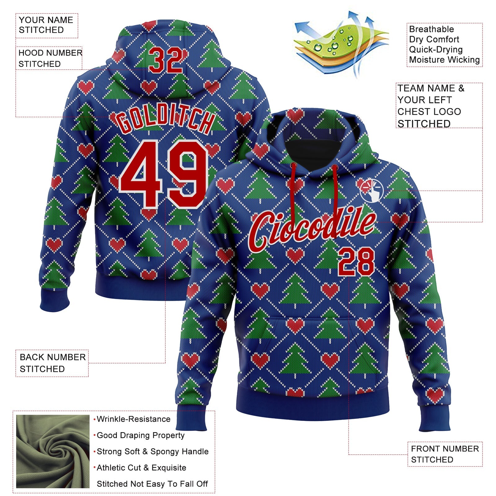 Custom Stitched Royal Red-White 3D Christmas Plaid Sports Pullover Sweatshirt Hoodie view 2