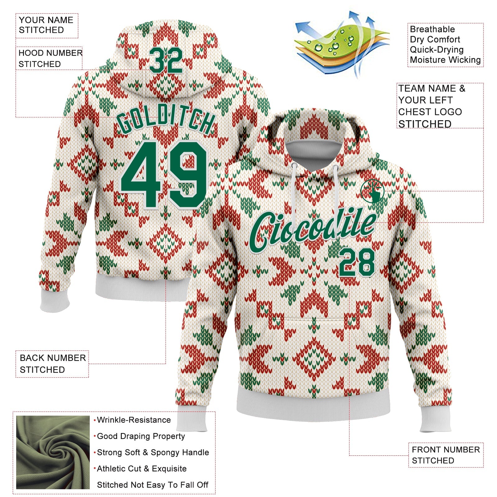 Custom Stitched City Cream Kelly Green-White 3D Christmas Sports Pullover Sweatshirt Hoodie view 2
