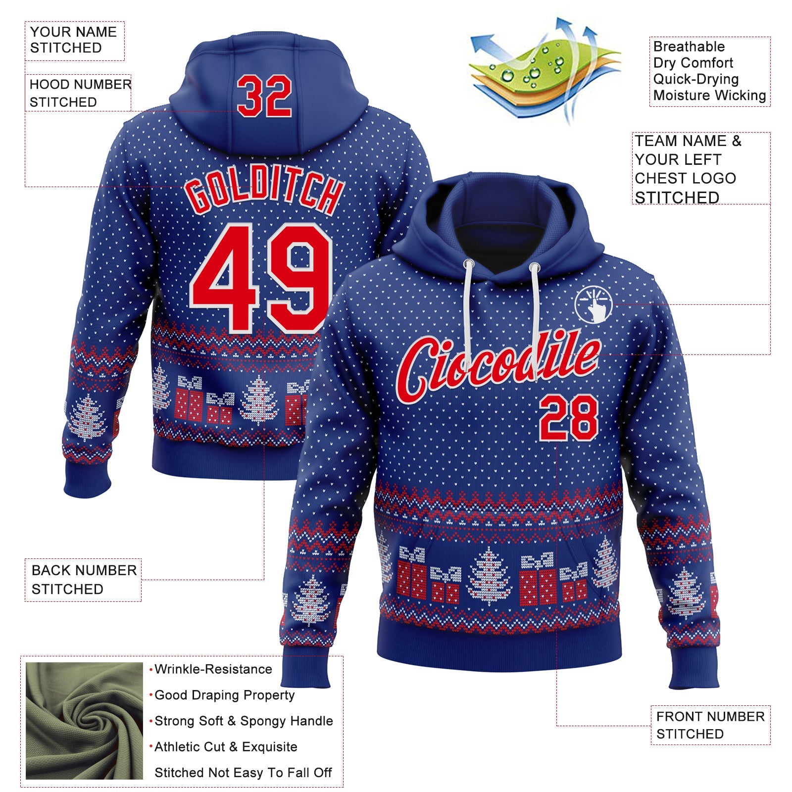 Custom Stitched Royal Red-White 3D Christmas Ugly Sweater Sports Pullover Sweatshirt Hoodie view 2