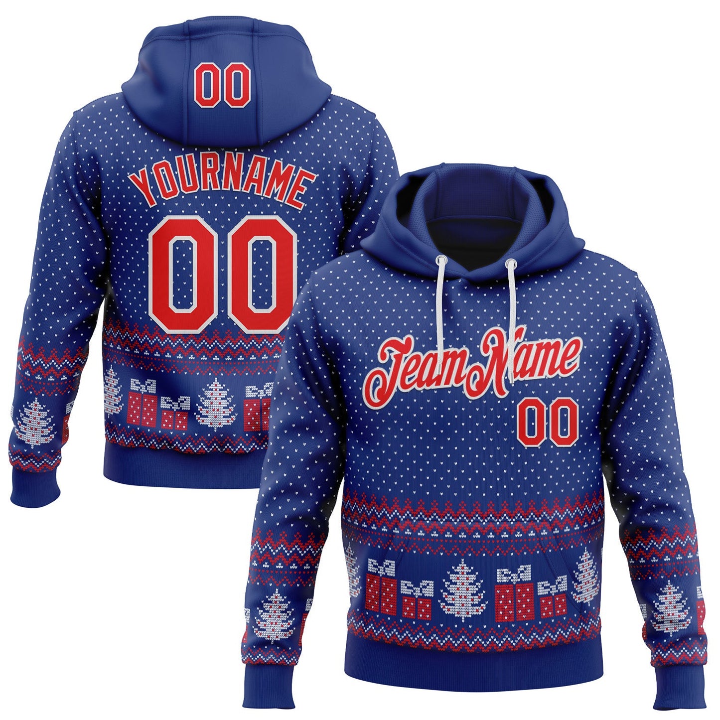 Custom Stitched Royal Red-White 3D Christmas Ugly Sweater Sports Pullover Sweatshirt Hoodie - Main View