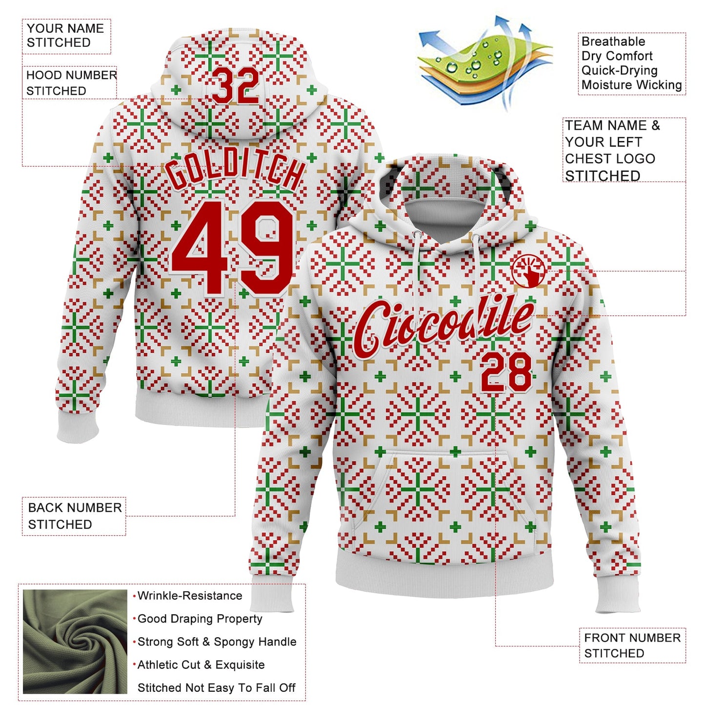 Custom Stitched White Red-White 3D Christmas Sports Pullover Sweatshirt Hoodie view 2