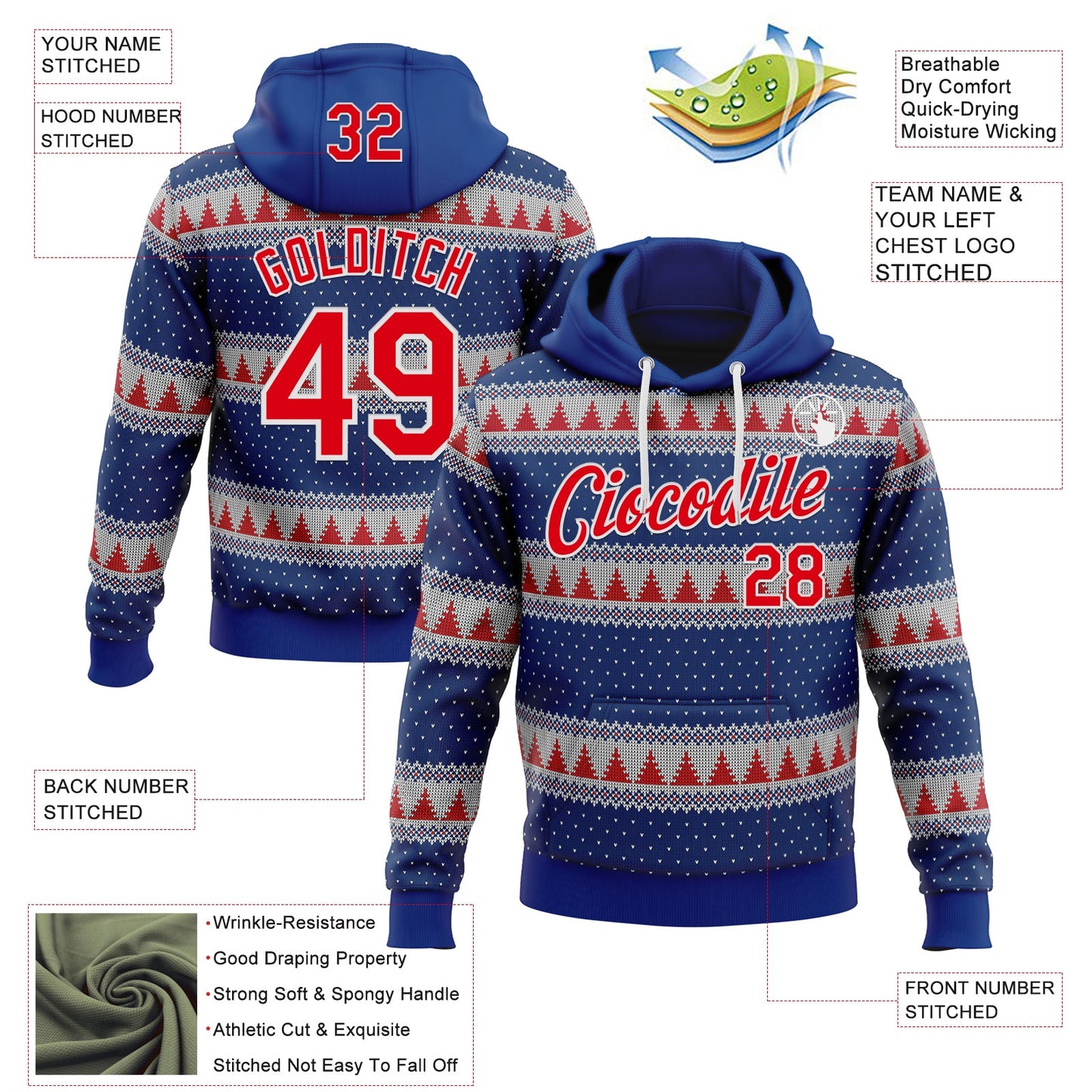 Custom Stitched Royal Red-White 3D Christmas Stripe Sports Pullover Sweatshirt Hoodie view 2
