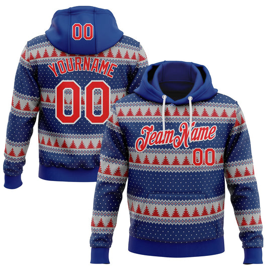 Custom Stitched Royal Red-White 3D Christmas Stripe Sports Pullover Sweatshirt Hoodie - Main View