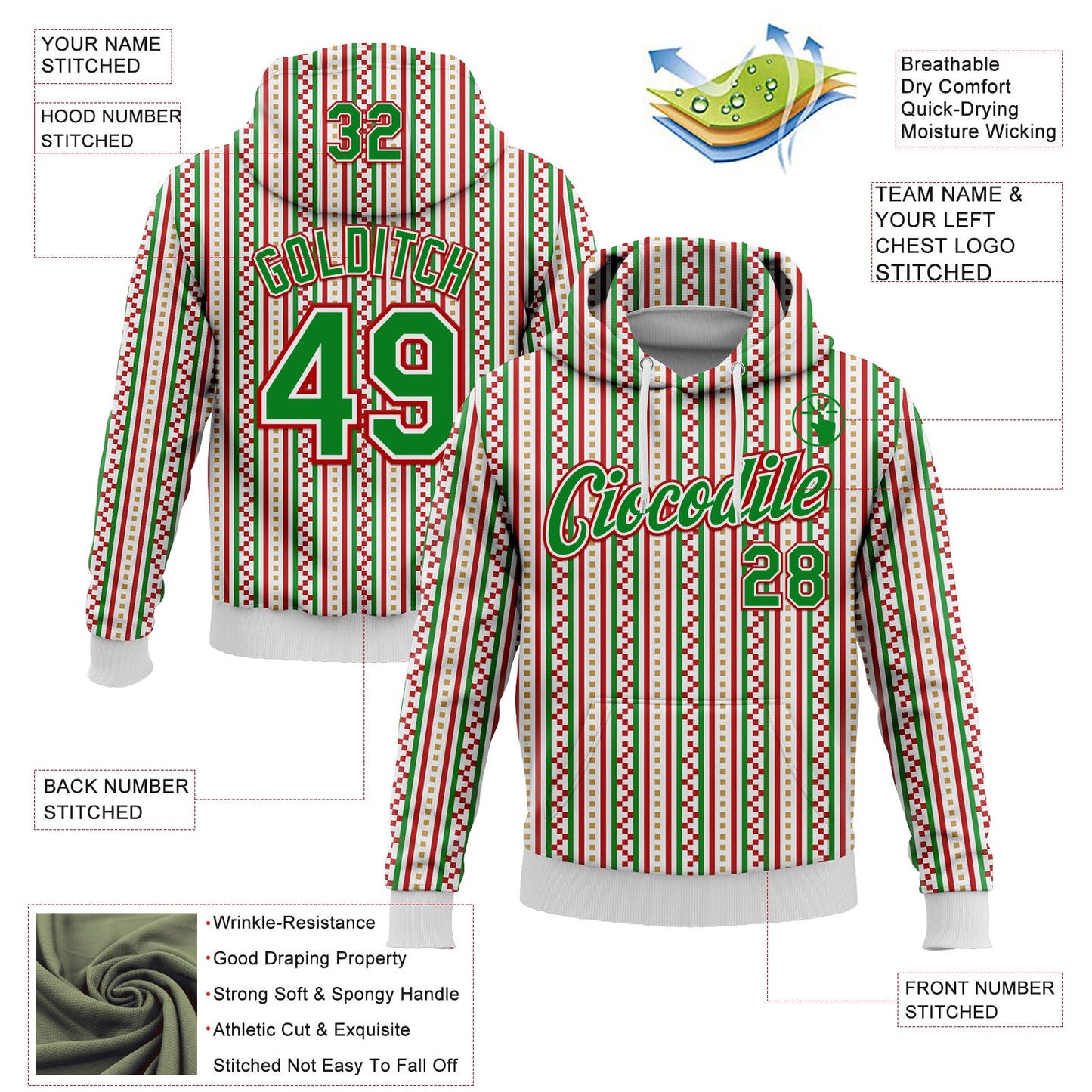 Custom Stitched White Grass Green-Red 3D Christmas Stripe Sports Pullover Sweatshirt Hoodie view 2