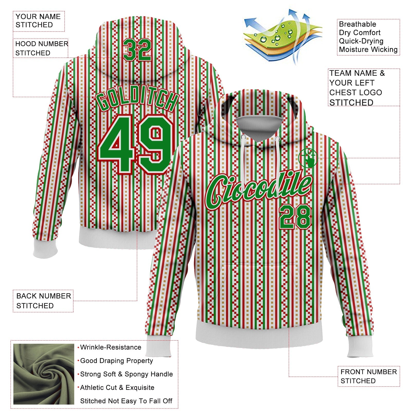 Custom Stitched White Grass Green-Red 3D Christmas Stripe Sports Pullover Sweatshirt Hoodie view 2