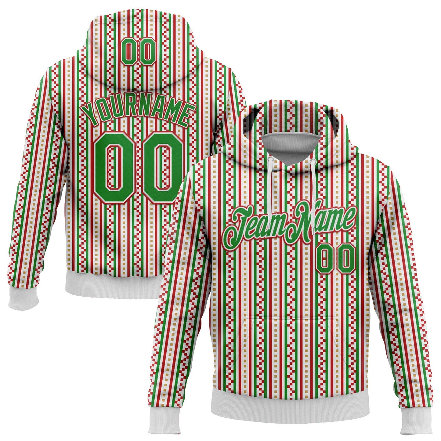Custom Stitched White Grass Green-Red 3D Christmas Stripe Sports Pullover Sweatshirt Hoodie - Main View