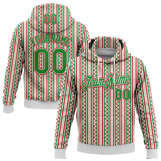 Custom Stitched White Grass Green-Red 3D Christmas Stripe Sports Pullover Sweatshirt Hoodie - Main View