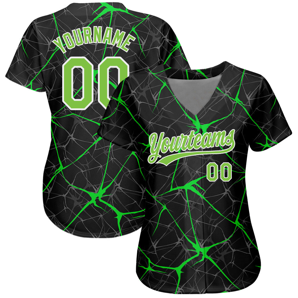 Custom Black Neon Green-White 3D Pattern Design Authentic Baseball Jersey view 3