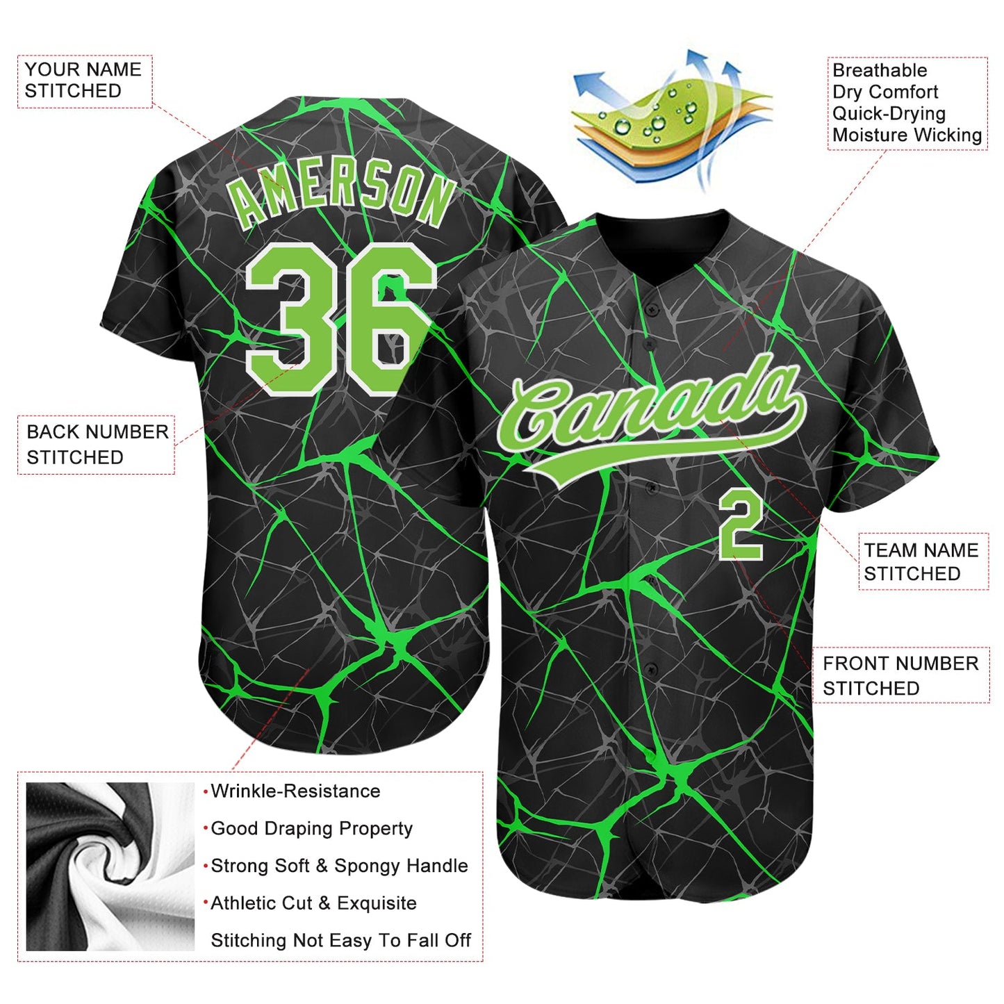 Custom Black Neon Green-White 3D Pattern Design Authentic Baseball Jersey view 4