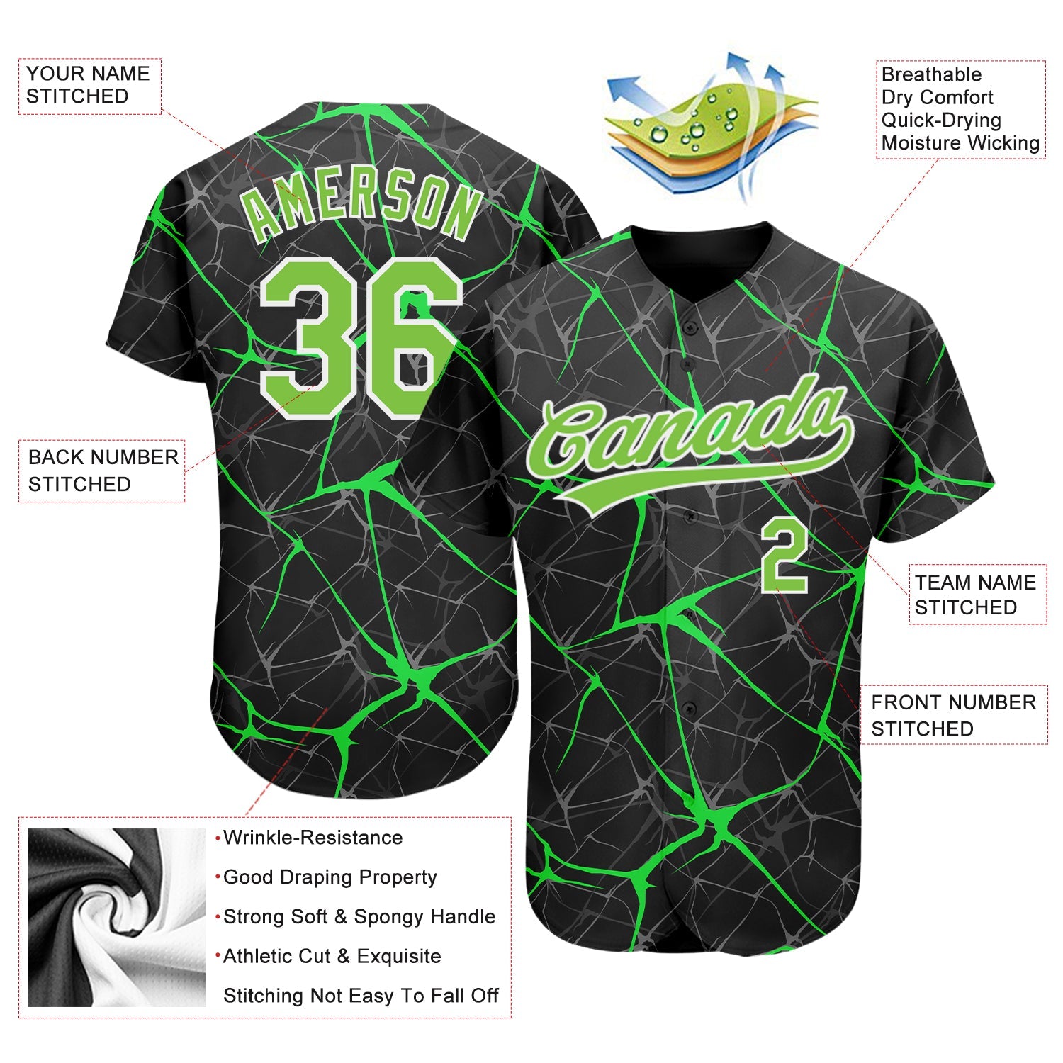 Custom Black Neon Green-White 3D Pattern Design Authentic Baseball Jersey view 4