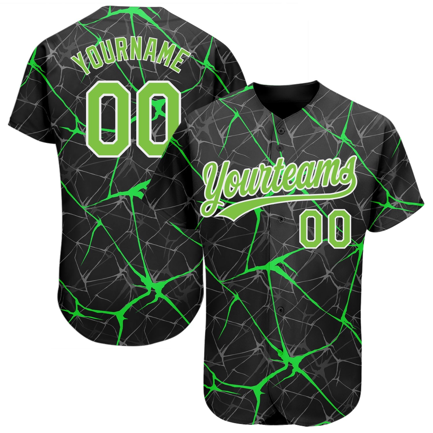 Custom Black Neon Green-White 3D Pattern Design Authentic Baseball Jersey - Main View