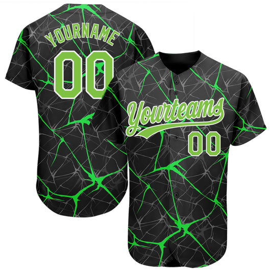Custom Black Neon Green-White 3D Pattern Design Authentic Baseball Jersey - Main View