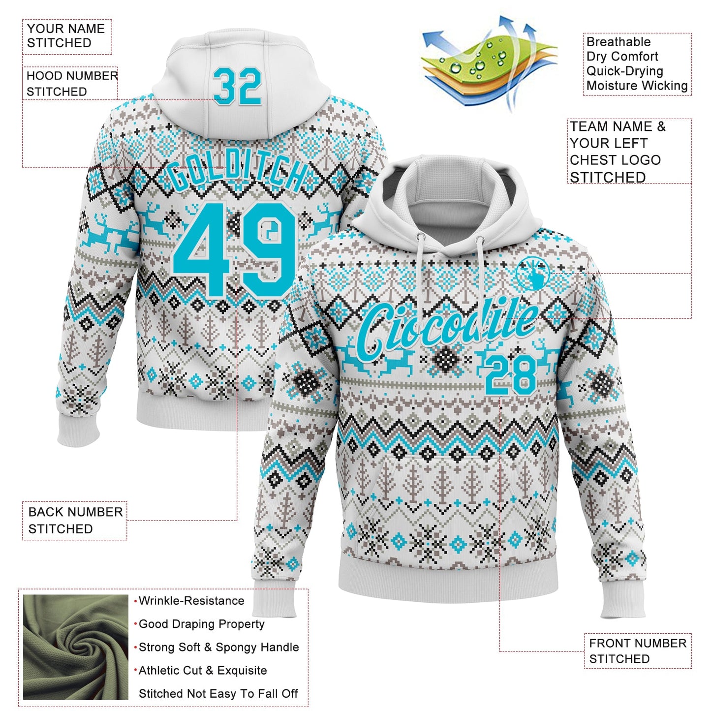 Custom Stitched White Lakes Blue-White 3D Christmas Ugly Sweater Sports Pullover Sweatshirt Hoodie view 2