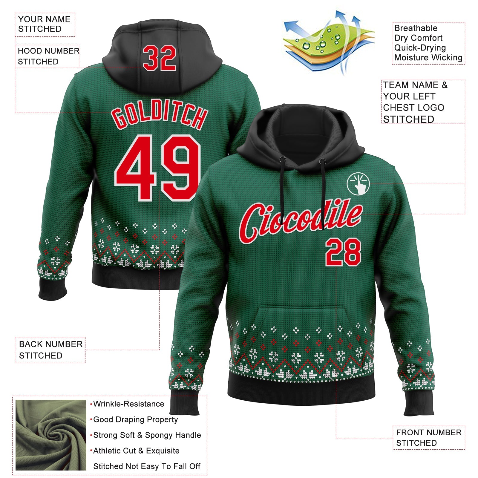 Custom Stitched Green Red-White 3D Christmas Sports Pullover Sweatshirt Hoodie view 2