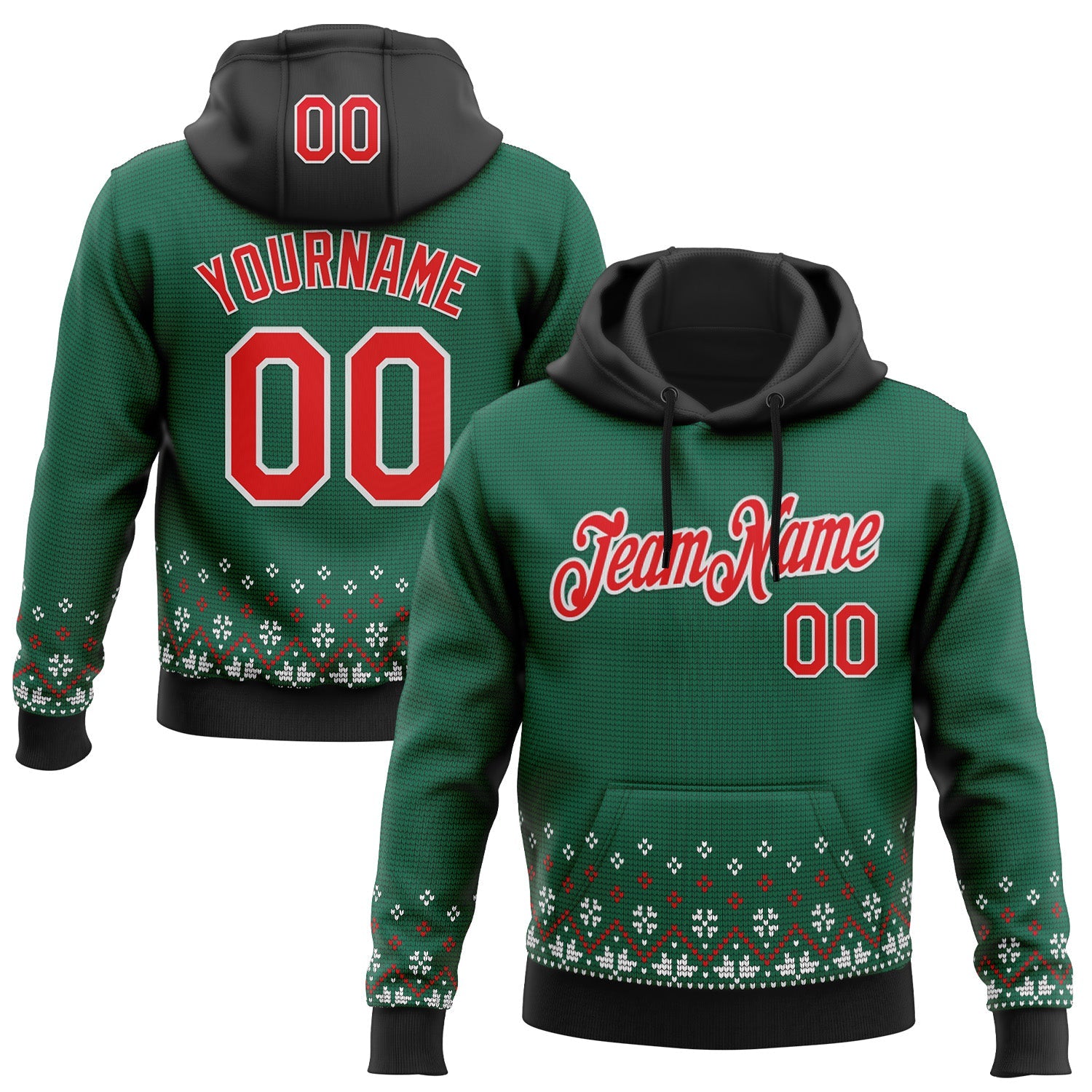 Custom Stitched Green Red-White 3D Christmas Sports Pullover Sweatshirt Hoodie - Main View