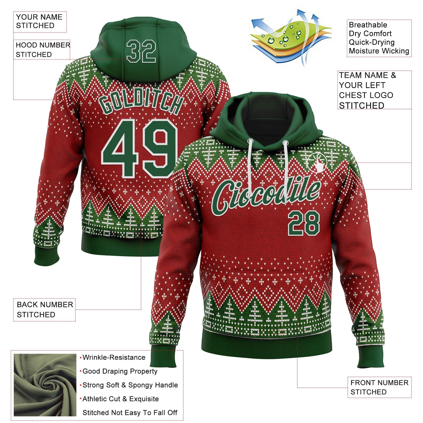 Custom Stitched Red Green-White 3D Christmas Ugly Sweater Sports Pullover Sweatshirt Hoodie view 2