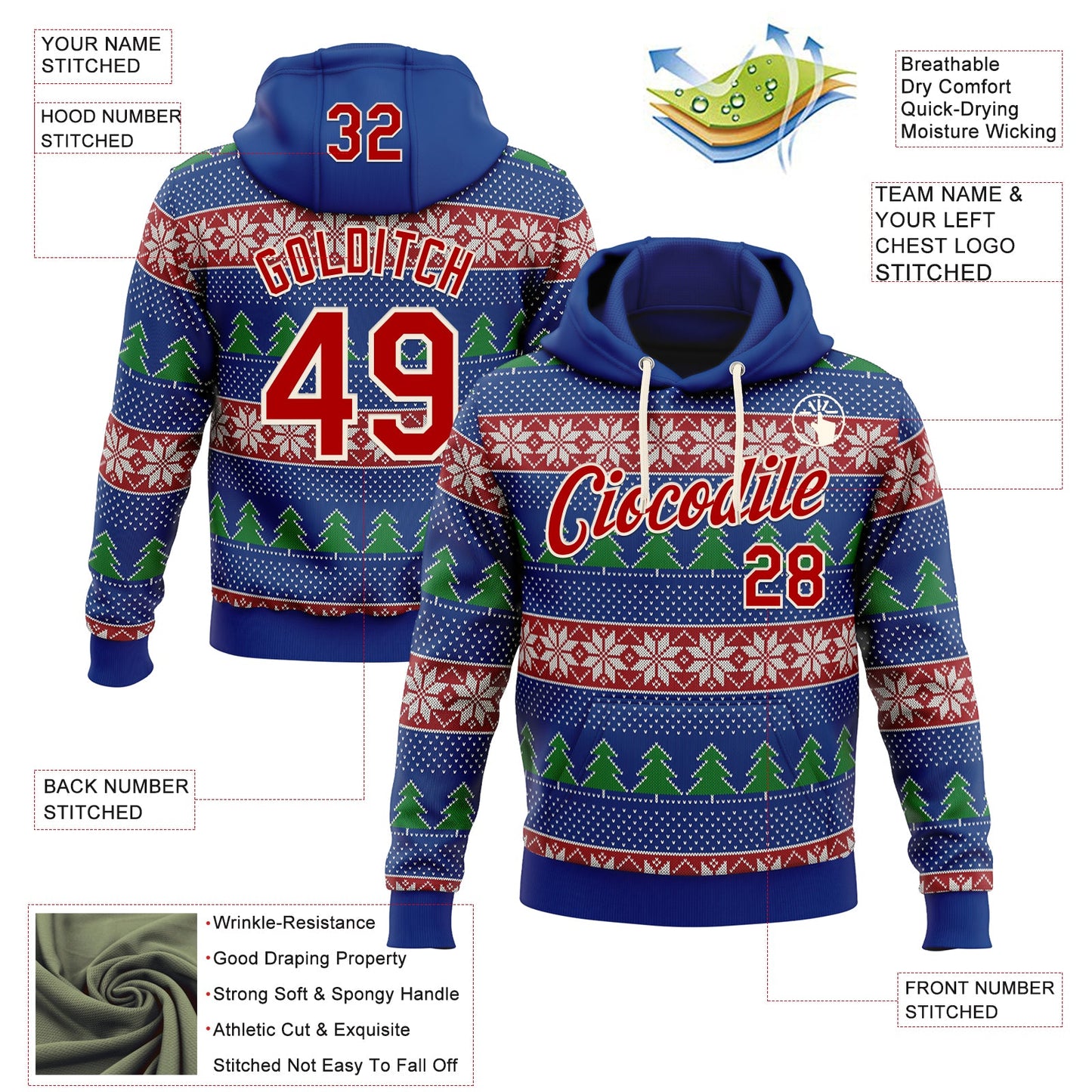 Custom Stitched Royal Red-Cream 3D Christmas Ugly Sweater Sports Pullover Sweatshirt Hoodie view 2