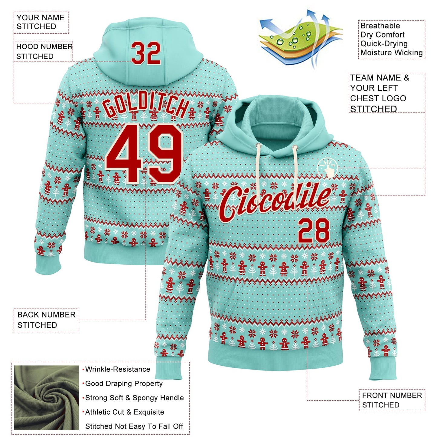 Custom Stitched Ice Blue Red-Cream 3D Christmas Ugly Sweater Sports Pullover Sweatshirt Hoodie view 2